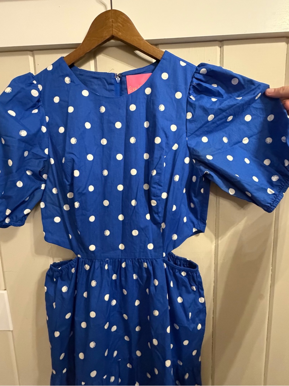 Lilly Pulitzer Blue with White Polka Dot Dress, Side Cut-Outs, Size 6 - Picture 3 of 10